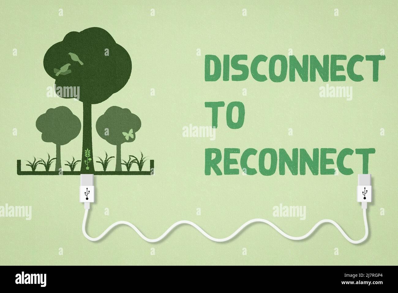 Disconnect to reconnect to nature, USB connecting to nature, unplug from technology for mental health concept Stock Photo