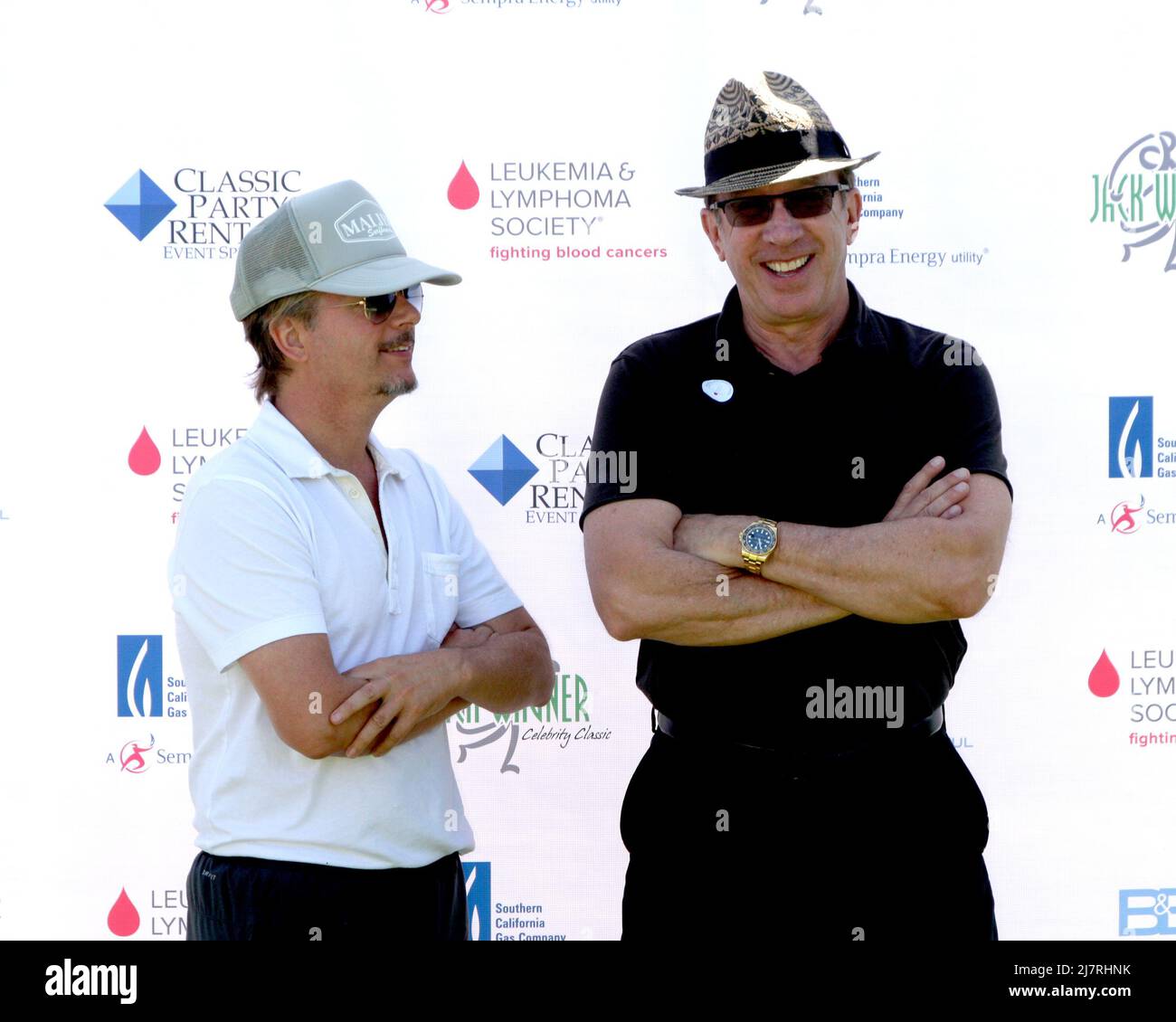LOS ANGELES - APR 14:  David Spade, Tim Allen at the Jack Wagner Anuual Golf Tournament benefitting LLS at Lakeside Golf Course on April 14, 2014 in Burbank, CA Stock Photo