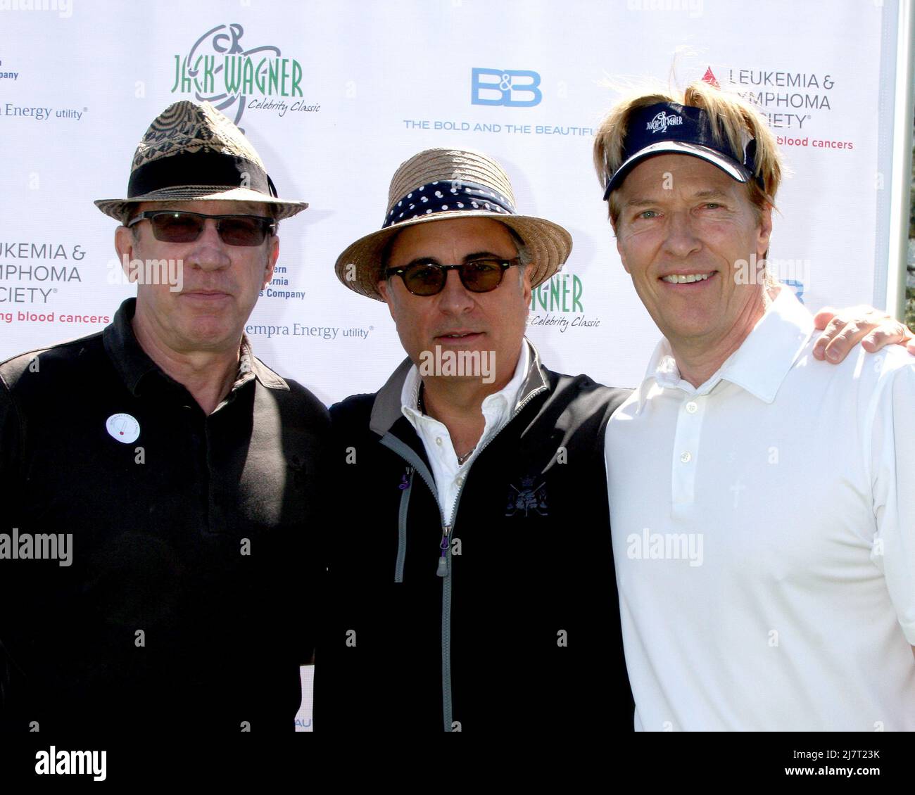 LOS ANGELES - APR 14:  Tim Allen, Andy Garcia, Jack Wagner at the Jack Wagner Anuual Golf Tournament benefitting LLS at Lakeside Golf Course on April 14, 2014 in Burbank, CA Stock Photo