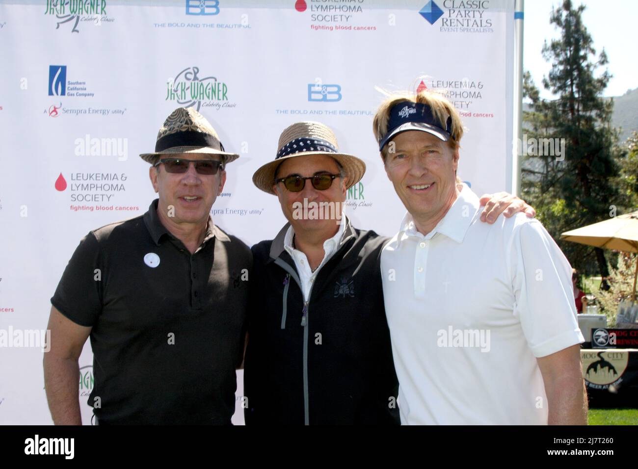 LOS ANGELES - APR 14:  Tim Allen, Andy Garcia, Jack Wagner at the Jack Wagner Anuual Golf Tournament benefitting LLS at Lakeside Golf Course on April 14, 2014 in Burbank, CA Stock Photo