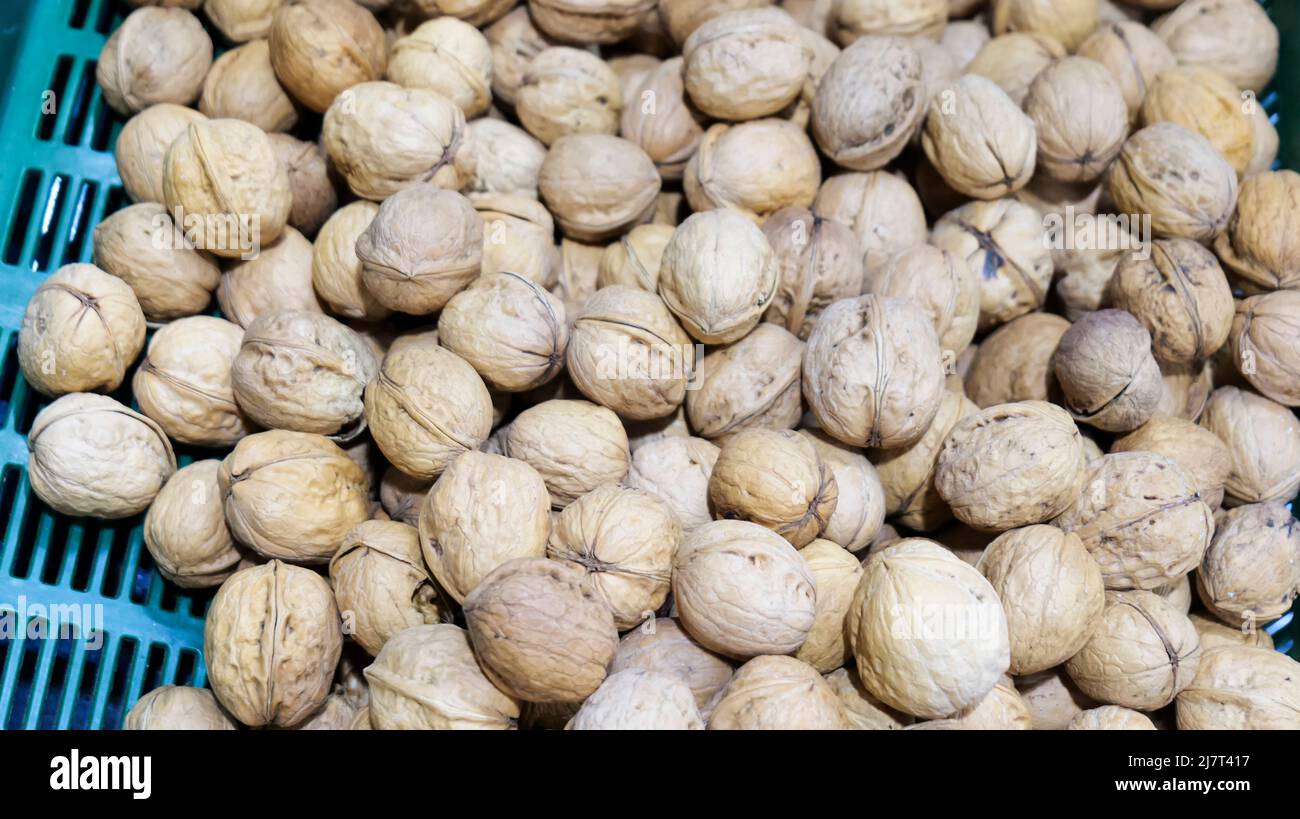 mountain of walnuts on a supermarket shelf Stock Photo