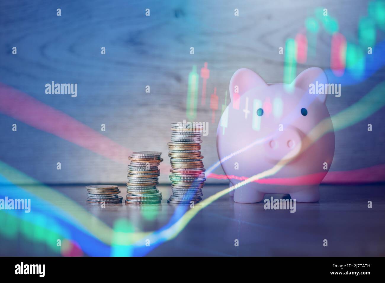 Stock graph chart, Stock market with stack coins and piggy bank finance ...