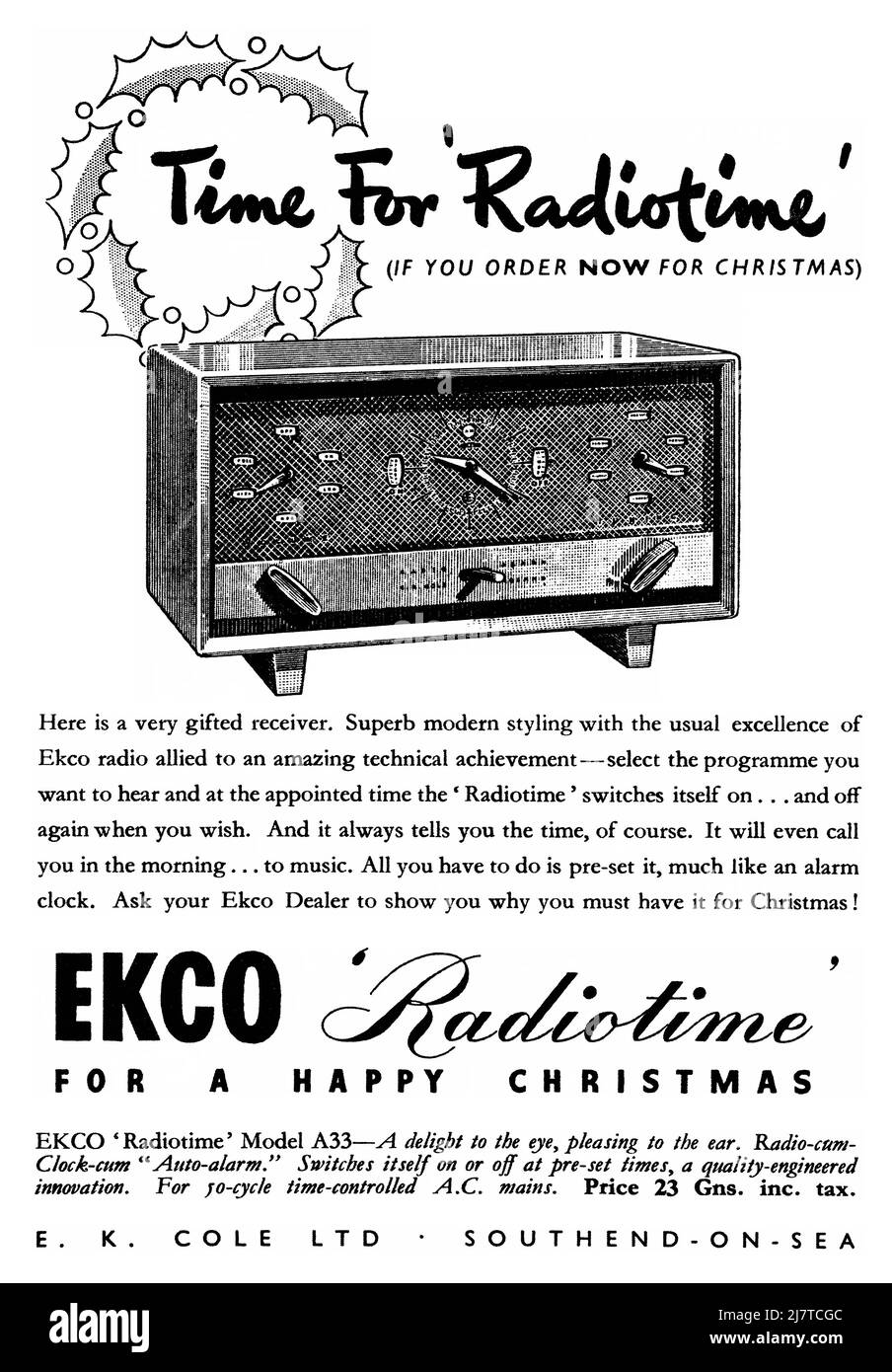 1948 British Christmas advertisement for the EKCO Radiotime Model A33 radio receiver. Stock Photo
