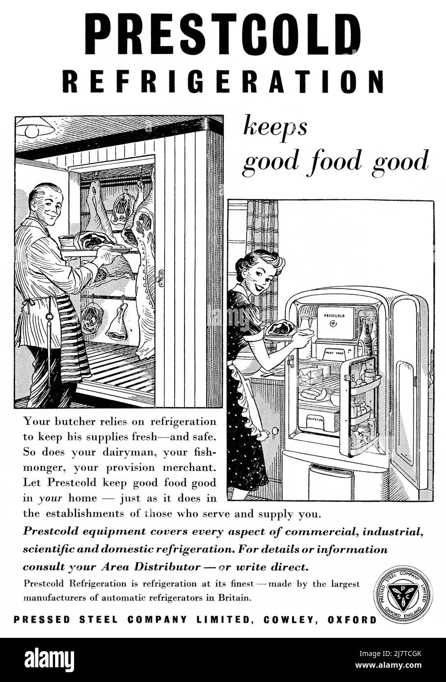 1951 British advertisement for Prestcold refrigerators. Stock Photo
