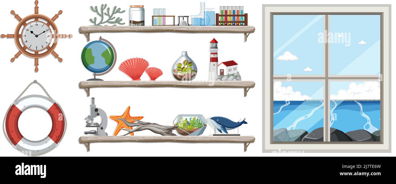 Miscellaneous objects on wall shelves illustration Stock Vector Image ...