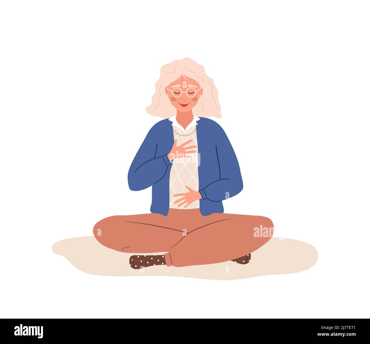 Abdominal breathing. Elderly woman practicing belly breathing for relaxation. Breath awareness yoga exercise. Meditation for body, mind and emotions Stock Vector