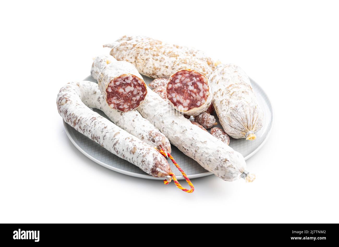 Traditional sausage with white mold. Dried pork salami isolated on