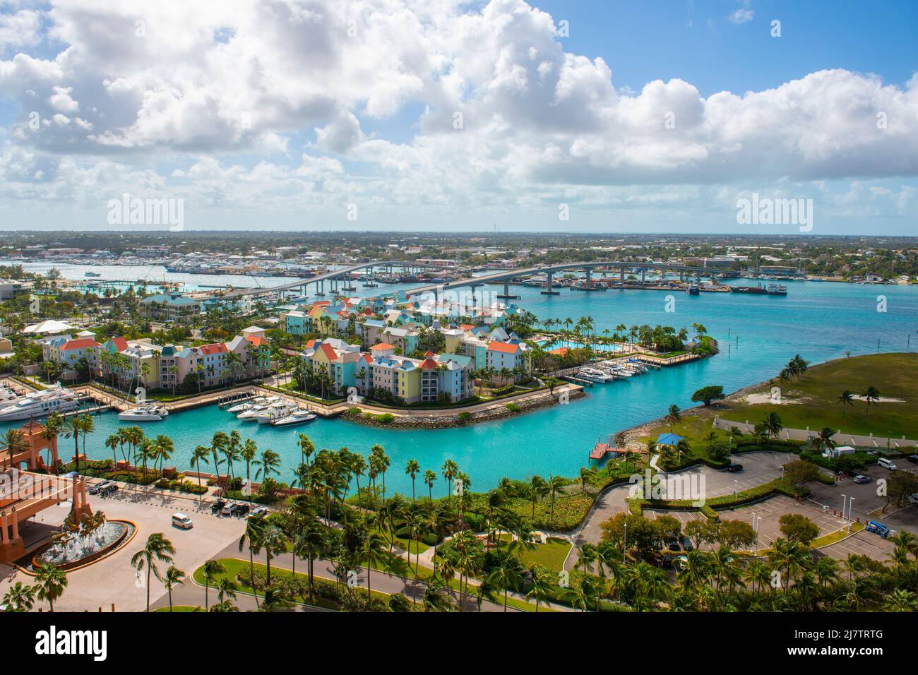 Harborside Villas aerial view at Nassau Harbour with Nassau downtown at the background, from