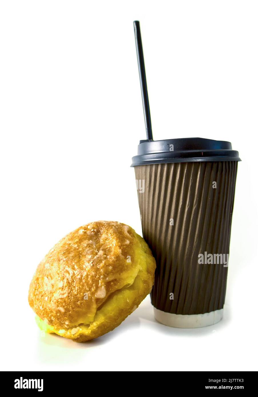 Coffee in paper cup and donut isolated on white. Stock Photo