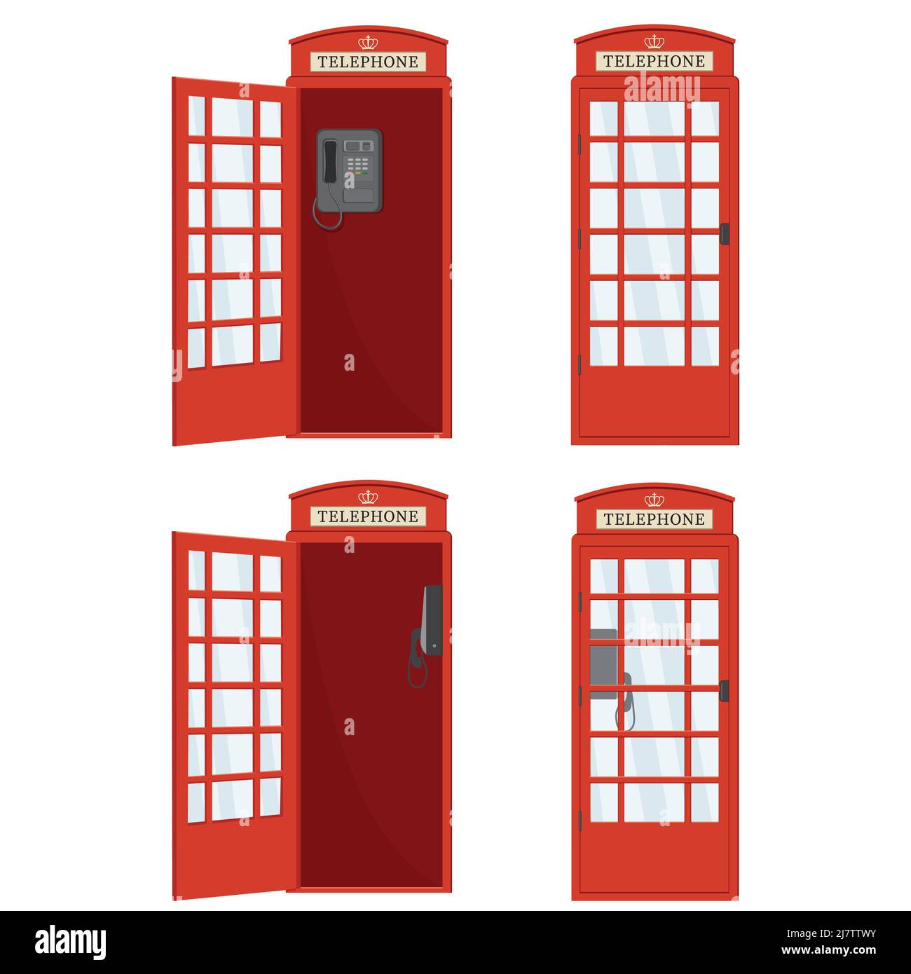 Red telephone booth with open door, color vector isolated cartoon-style illustration. Stock Vector