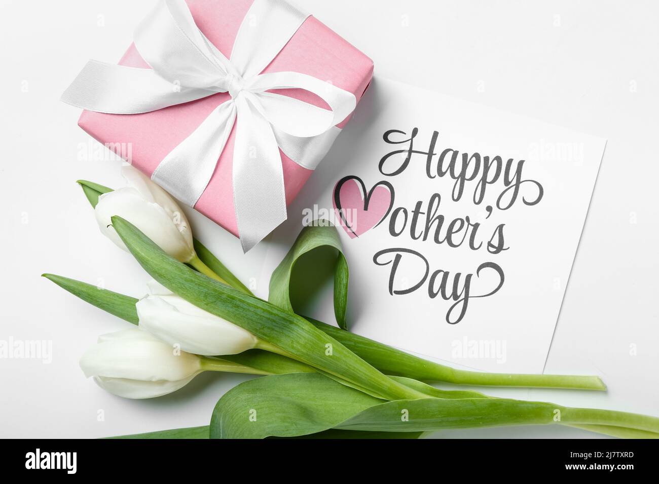 Card with text HAPPY MOTHER'S DAY, tulips and gift box on white ...