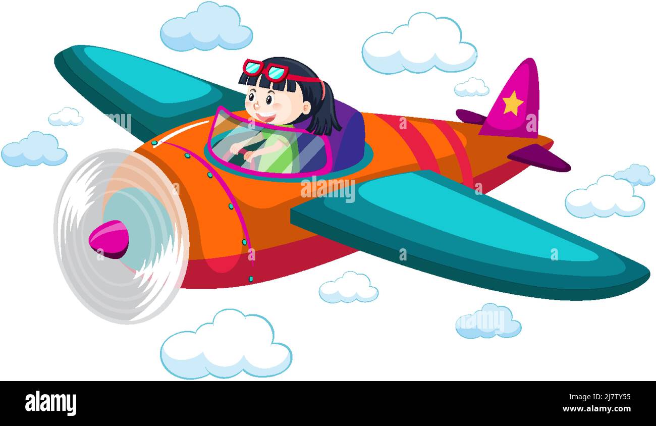 Girl flying cute airplane in the sky illustration Stock Vector Image ...