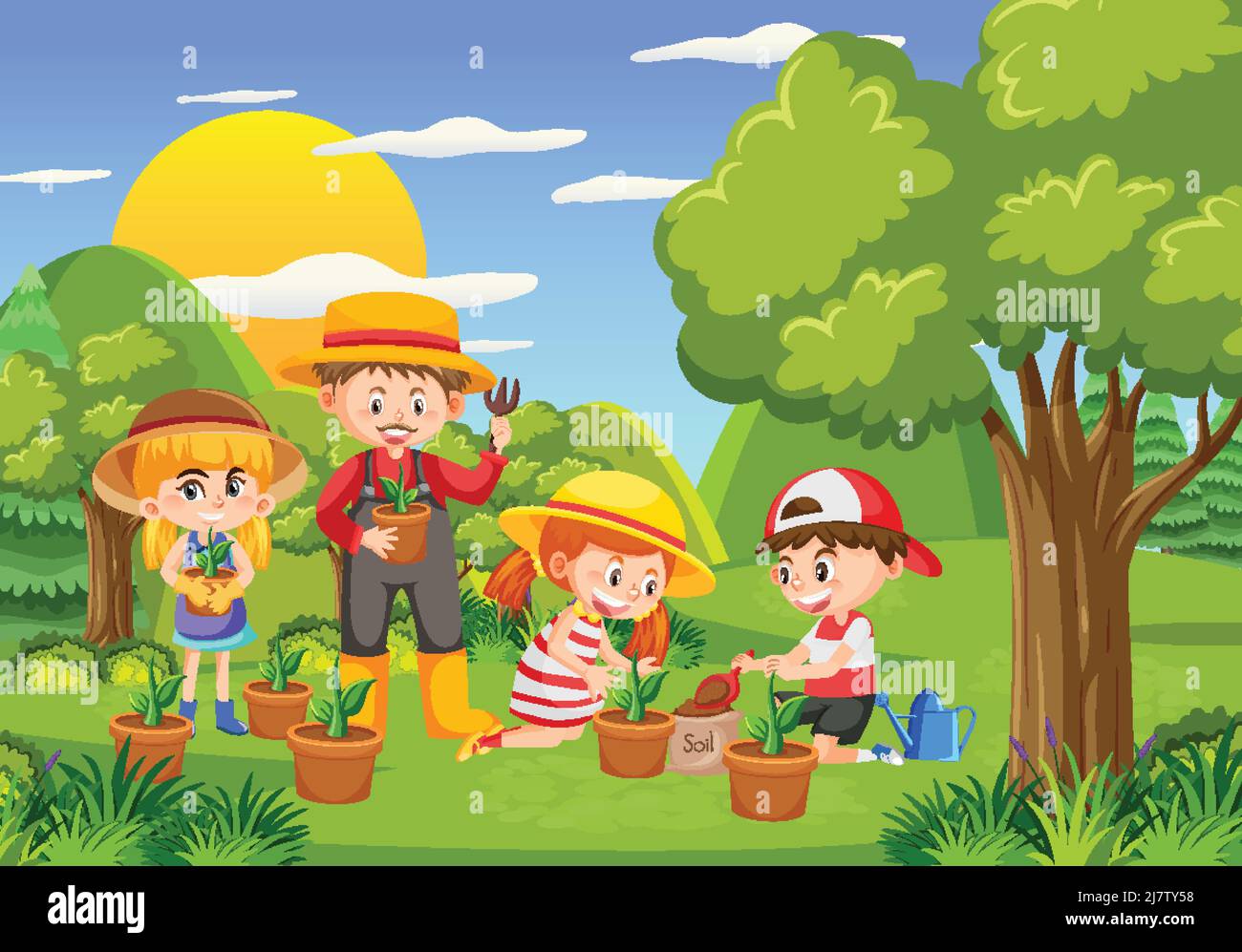 Happy people in the park gardening illustration Stock Vector Image \u0026 Art -  Alamy, image size:1300x997