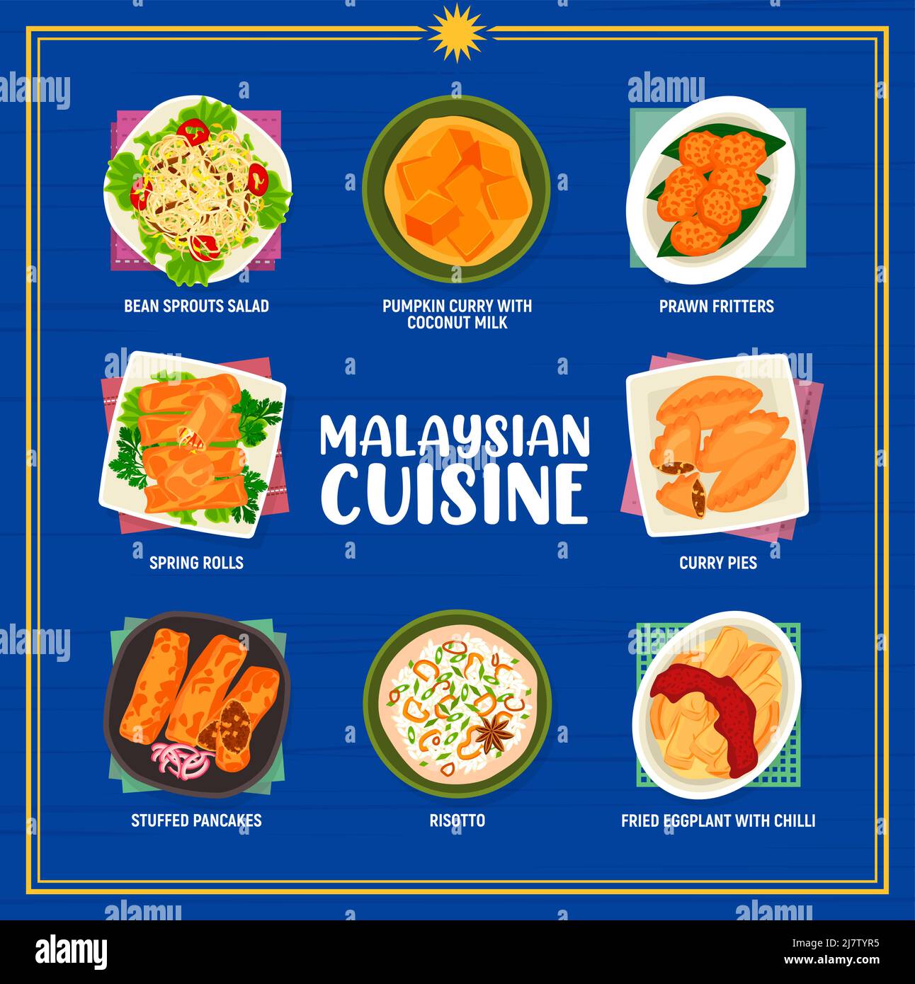 Malaysian cuisine menu, Asian restaurant food dishes and meals, vector
