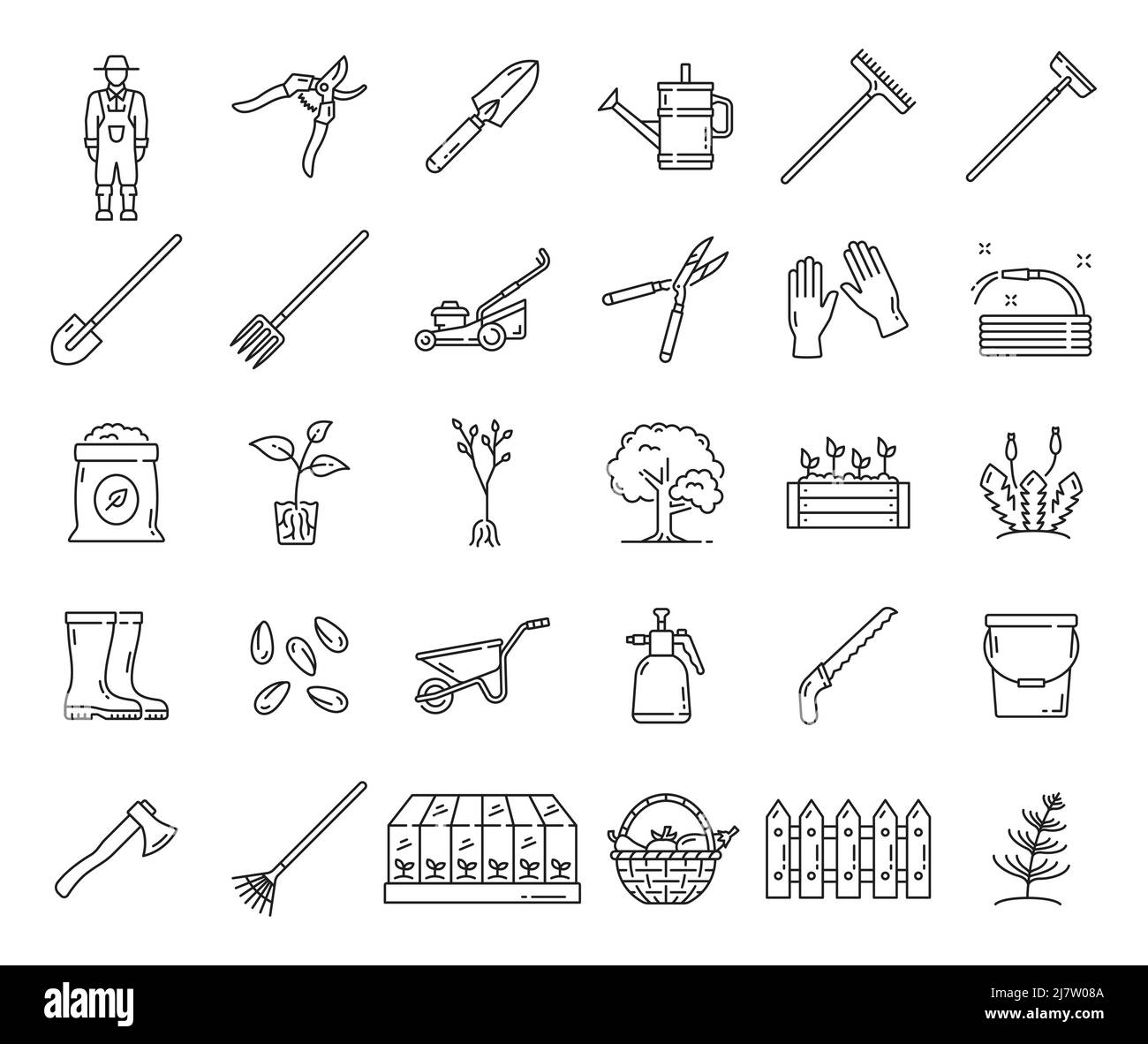 Agriculture farming and gardening, farmer tools icons, vector farm equipment. Line icons of garden rake and spade, seeds and shovel, watering can and farm wheelbarrow with mower and seedling pruner Stock Vector