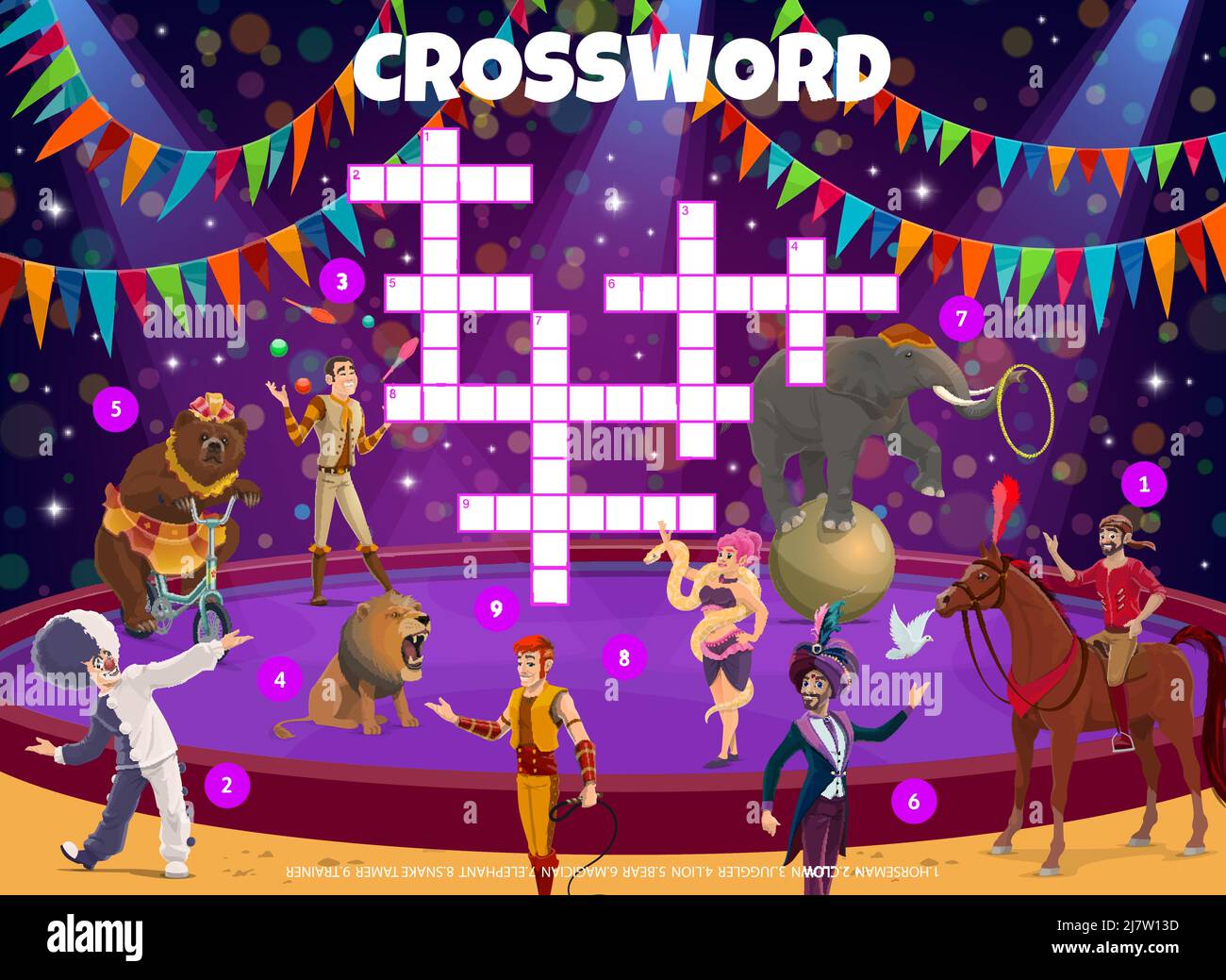 Shapito circus animals trainers performers crossword grid worksheet