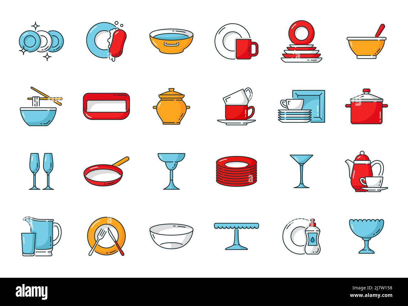 Kitchen plates, dishes and utensils color outline icons of vector food ...