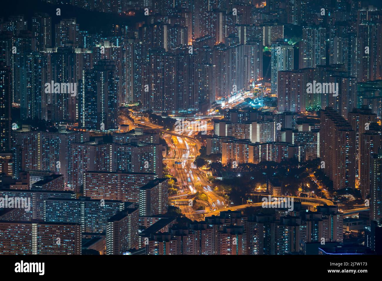 The buildings in Hong Kong at night as seen from Lions Head Stock Photo