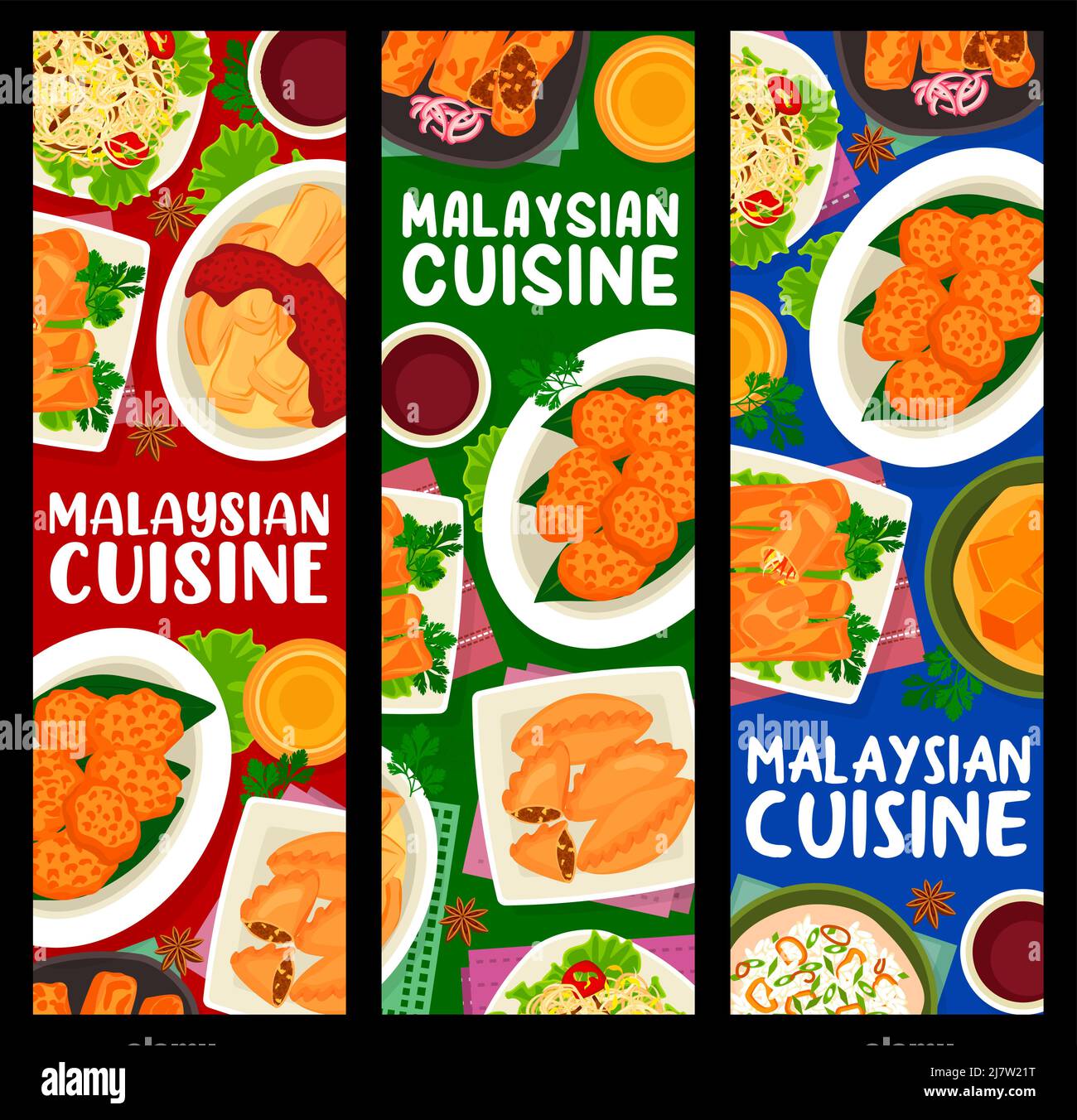 Malaysian cuisine meals banners vector braised bean curd with mushrooms, beef noodle soup, tofu pudding and nasi lemak rice. Prawn noodle soup, banana leaf rice food of Malaysia, exotic asian dishes Stock Vector