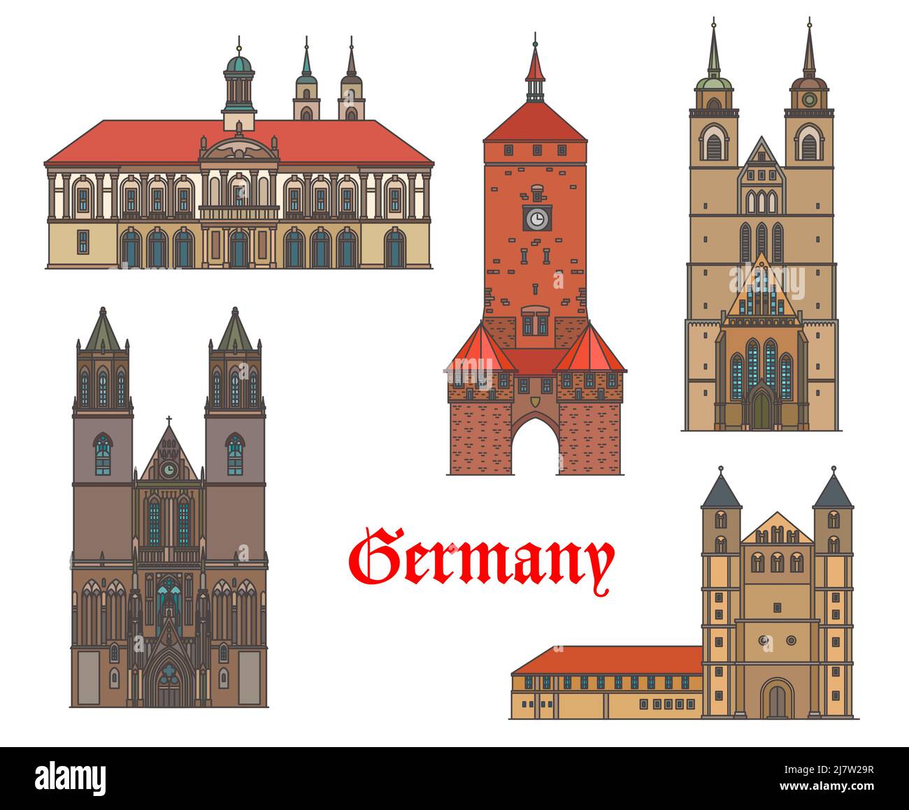 Germany, architecture buildings of Magdeburg and Naumburg, vector German landmarks. Marienkirche or St Mary church, Saints Maurice and Catherine cathedral, Marientor city gates and Magdeburger Dom Stock Vector