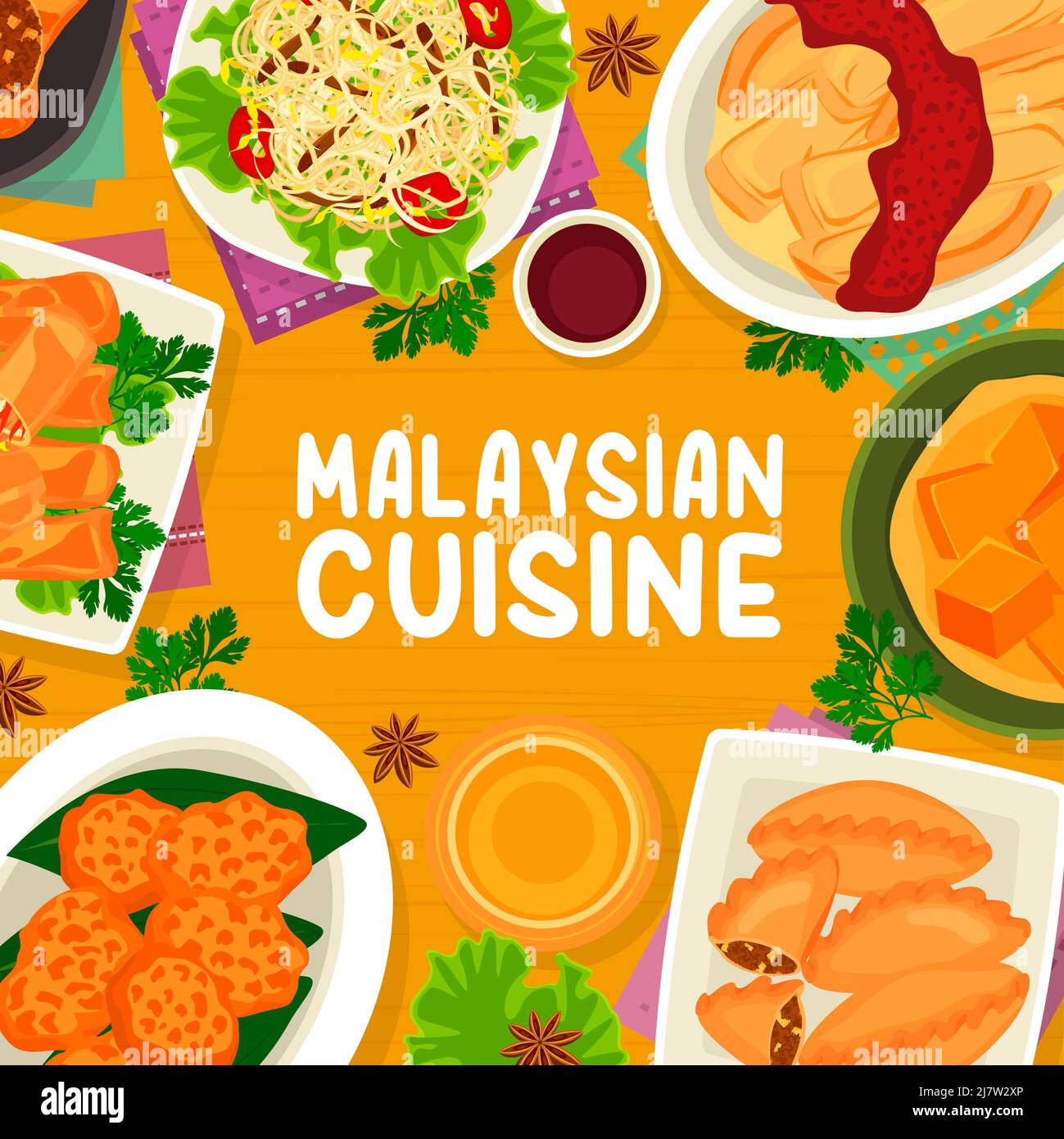 Malaysian cuisine menu cover vector beef and prawn noodle soups, tofu pudding and nasi lemak rice. Braised bean curd with mushrooms, banana leaf rice tarditional food meals of Malaysia, asian dishes Stock Vector