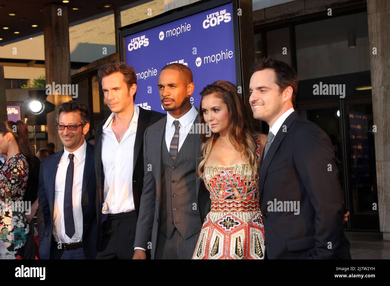 LOS ANGELES - AUG 7:  Luke Greenfield, James D'Arcy, Damon Wayans Jr, Nina Dobrev, Jake Johnson at the 'Let's Be Cops' Premiere at the ArcLight Hollywood Theaters on August 7, 2014 in Los Angeles, CA Stock Photo