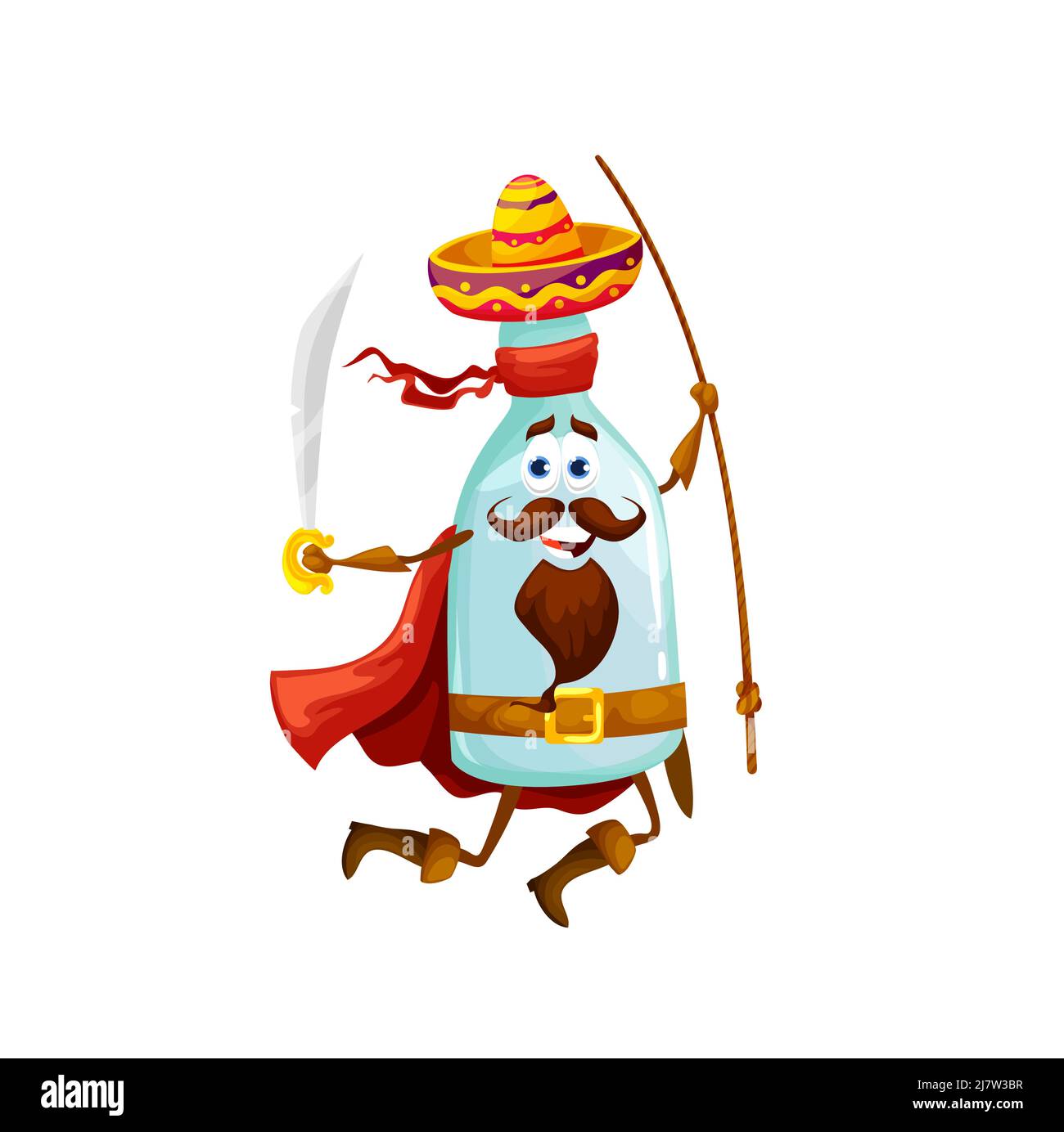 Cartoon mexican tequila pirate character. Isolated vector bottle in sombrero, red cape, boots, gloves and bandana run with sabers in hands. Funny alcohol drink filibuster personage, glass flask rover Stock Vector