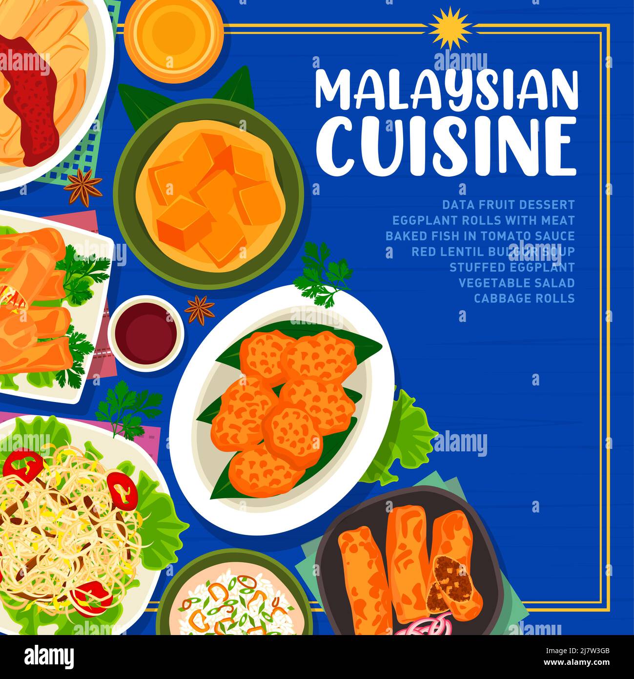 Malaysian cuisine menu cover template vector banana leaf rice, beef or prawn noodle soup and tofu pudding and nasi lemak rice or braised bean curd with mushrooms Malaysia food meals, asian dishes Stock Vector