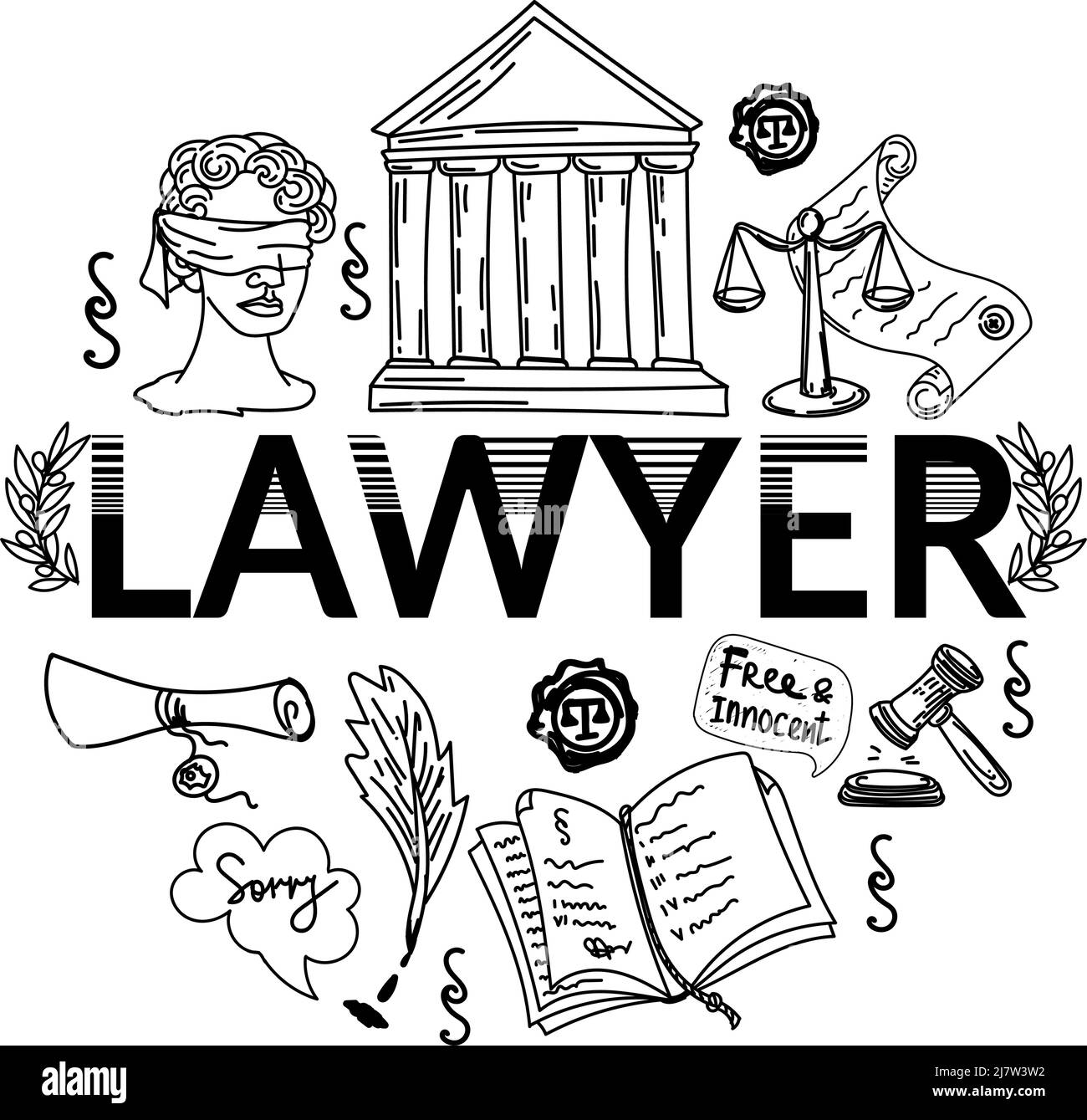 Lawyer inscription with symbols of law and justice, handdrawn in