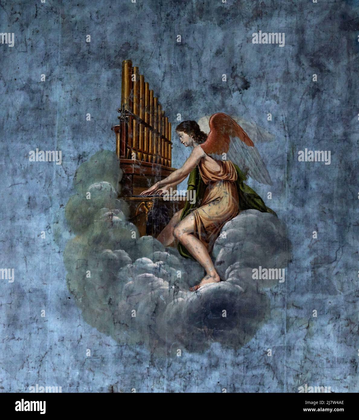 Angelo che suona a canne legno dipinto pittore bergamasco