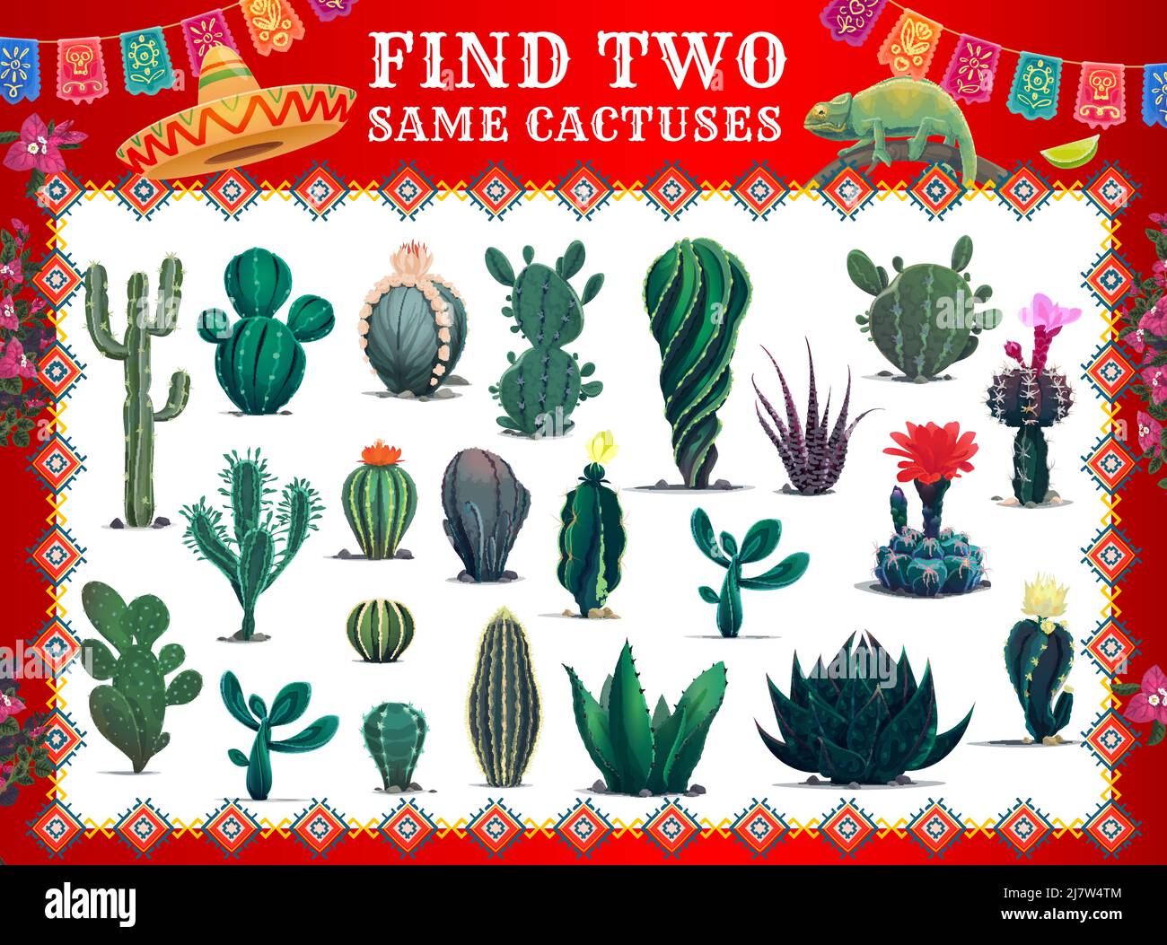 Mexican cactuses, find two same cartoon prickly succulent plants game ...