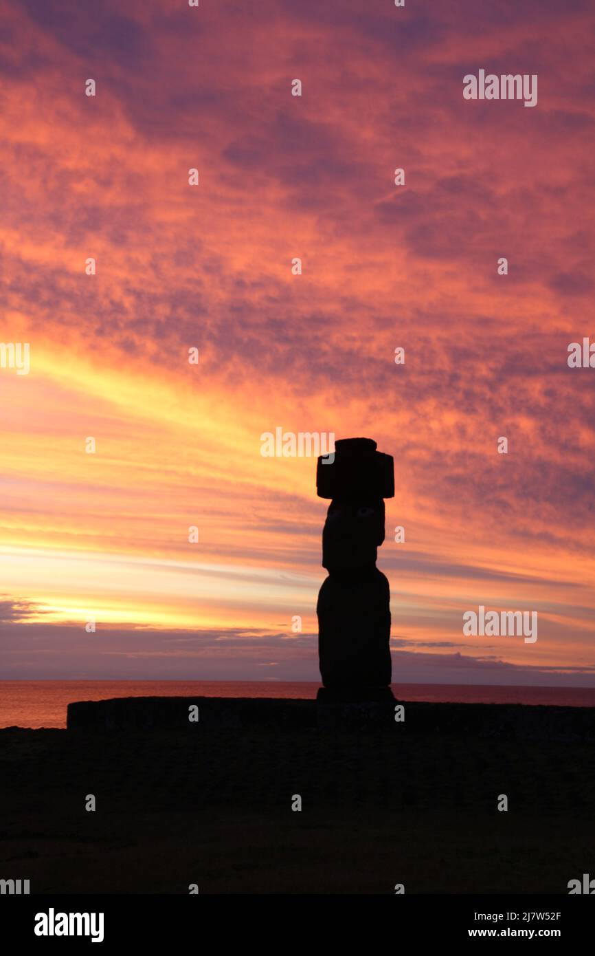 Sunset on Easter Island, with the Moai Ahu Ko Te Riku in the foreground Stock Photo