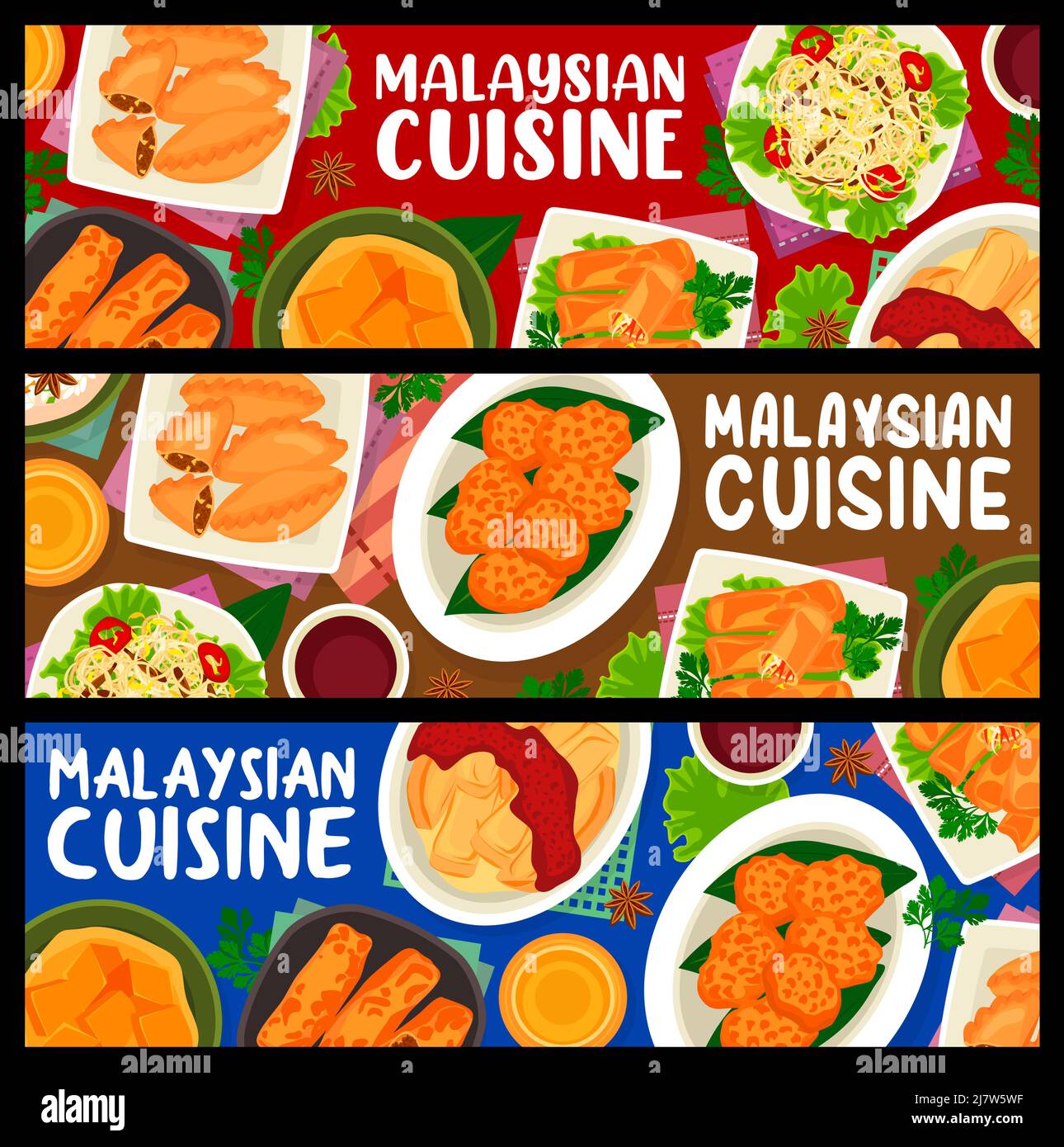 Malaysian cuisine meals banners vector tofu pudding and nasi lemak rice. Prawn noodle soup, braised bean curd with mushrooms and banana leaf rice with beef noodle soup tarditional Malaysia food dishes Stock Vector