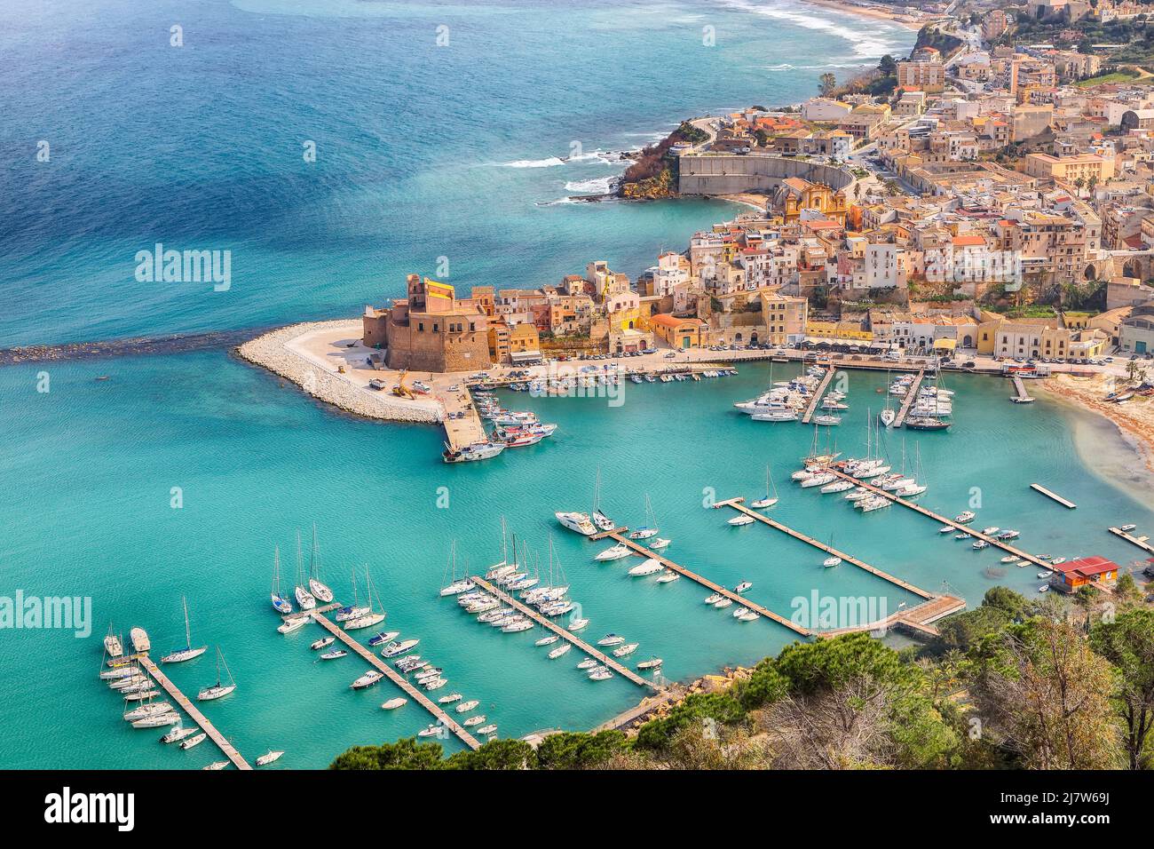 Astonishing aerial cityscape of Castellammare del Golfo town. Popular
