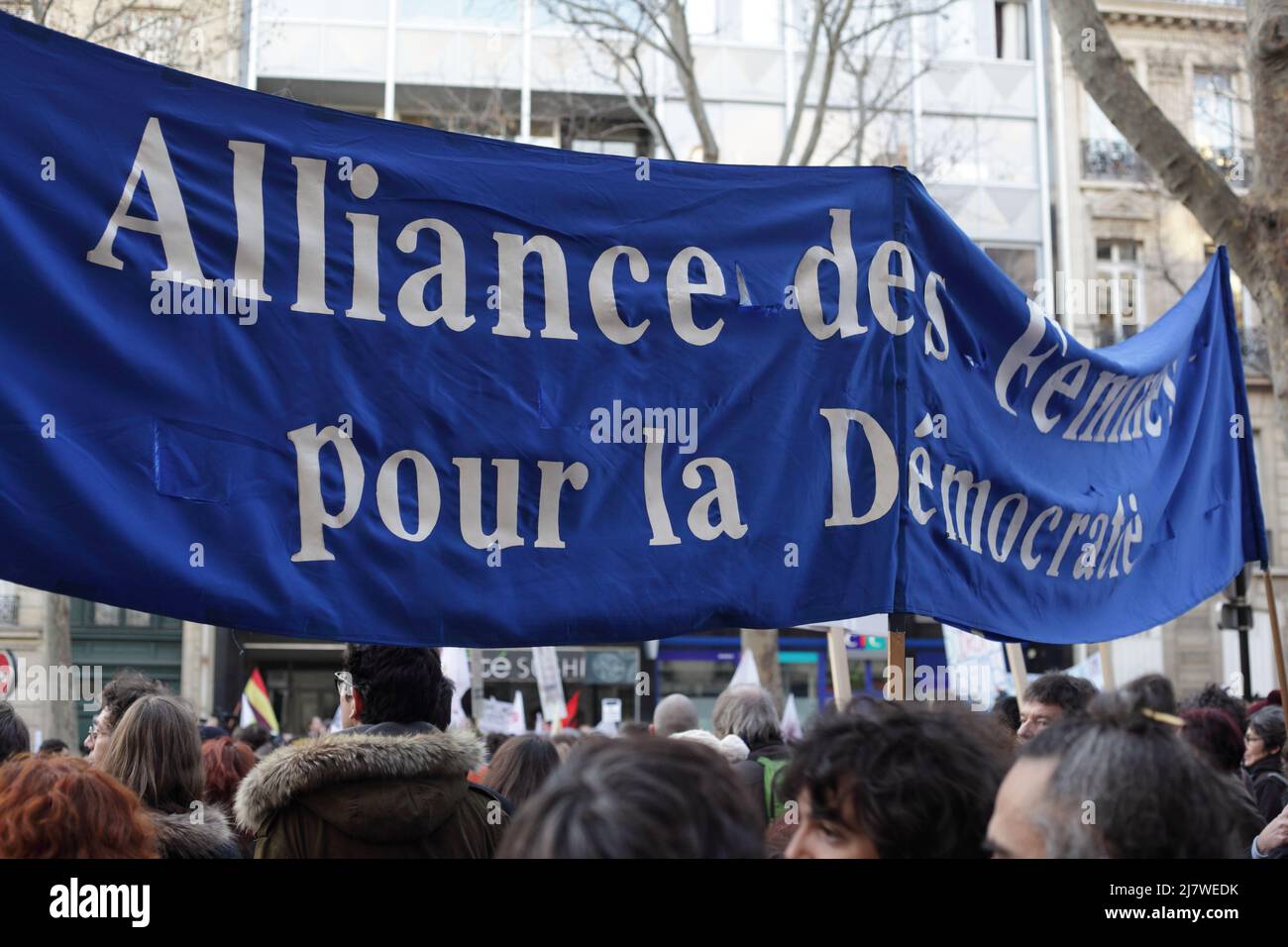 Paris : Manifestation contre le projet de loi anti-avortement en Espagne 01er février 2014. Banderole Alliance des femmes pour la democratie Stock Photo
