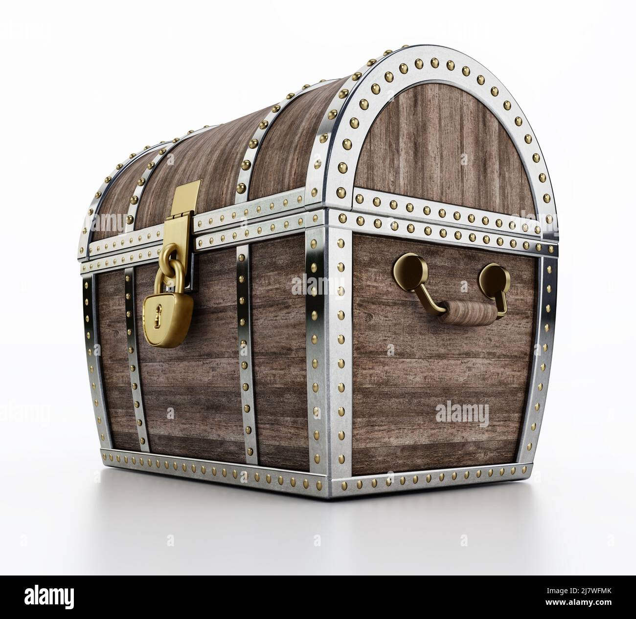 Treasure chest full of antique gold coins and jewels isolated on white ...