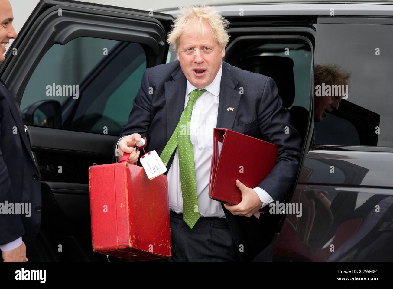 British Prime Minister Boris Johnson arrives at London Stansted Airport to visit Sweden and Finland, Britain, May 11, 2022. Frank Augstein/Pool via REUTERS Stock Photo