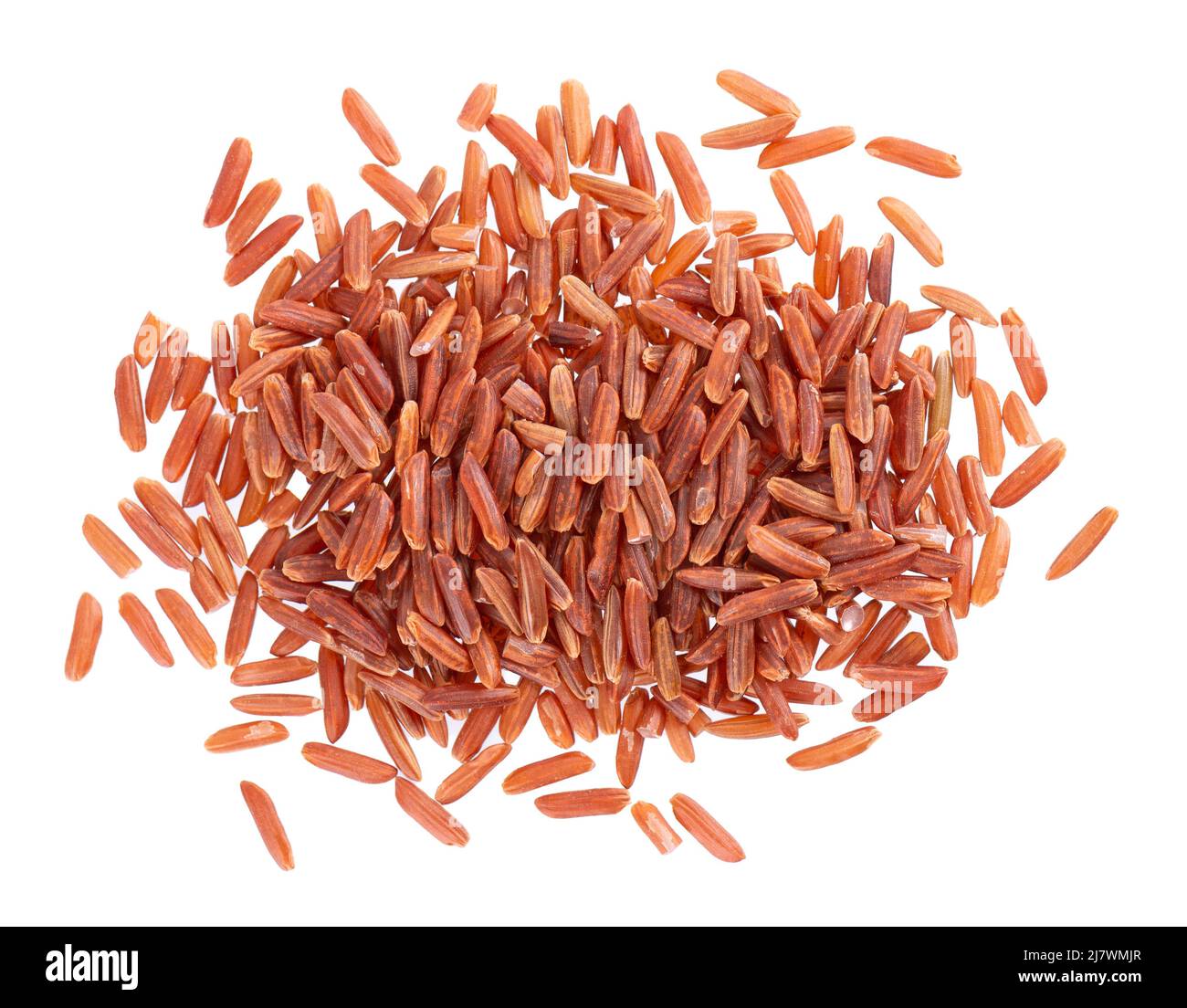 Red rice isolated on white background. Whole grain raw brown rice. Top