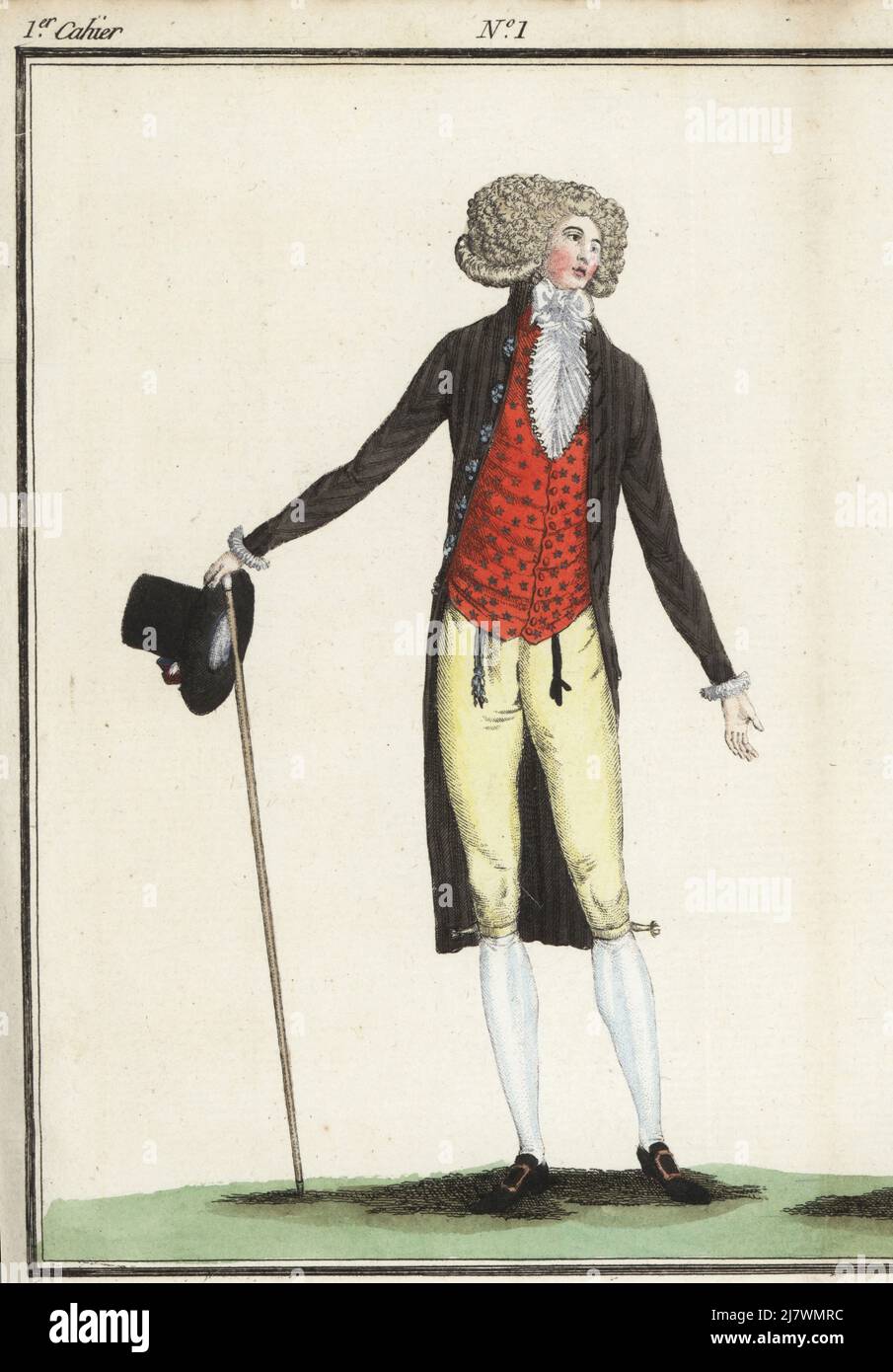 Fashionable man in black coat a la Revolution, cravatte over a large jabot. cashmere waistcoat or gilet, yellow culottes, silk hose, and buckle shoes. With cane and top hat. Handcoloured copperplate engraving from Jean-Antoine le Brun or Lebrun-Tossa’s Journal de la Mode et du Gout, previously Cabinet des Modes, Chez Buisson, Paris, and Joseph le Boffe, London, Premier Cahier, February 1790. Stock Photo
