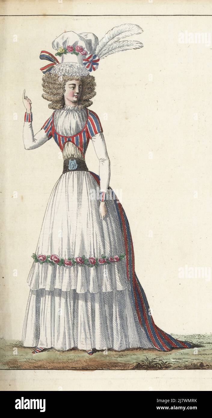 Woman in large gauze bonnet with feathers and tricolor cockade, hair in five large curls, fichu, satin robe a la Circassienne, bodice in tricolor stripes, white gauze skirt with garland of roses at knee. Handcoloured copperplate engraving from Jean-Antoine le Brun or Lebrun-Tossa’s Journal de la Mode et du Gout, previously Cabinet des Modes, Chez Buisson, Paris, and Joseph le Boffe, London, 2me Cahier, 5 March 1790. Stock Photo