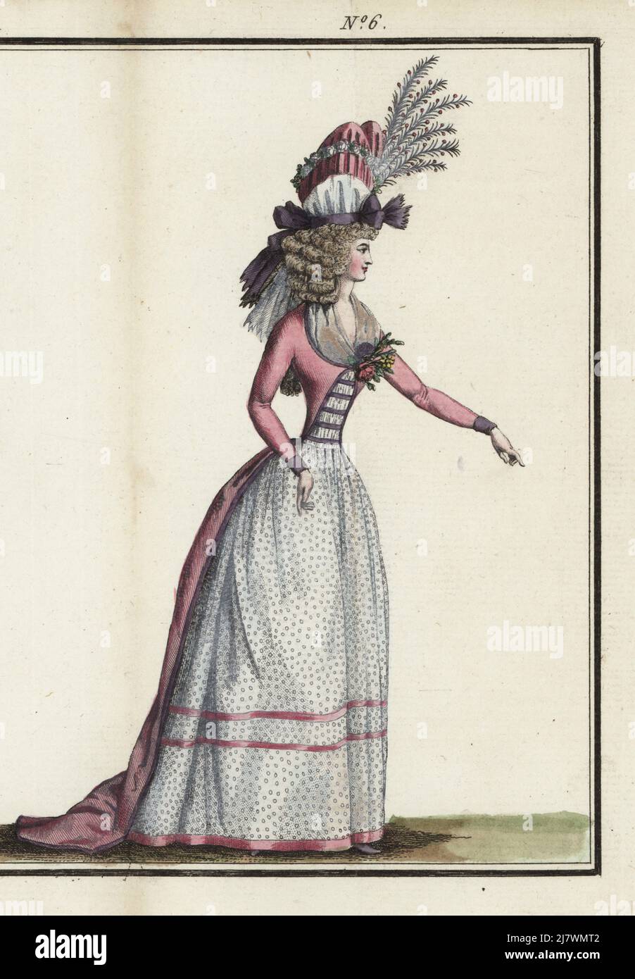 Fashionable woman in pleated bonnet with garland of flowers and aigrette, hair in chignon and small curls, gauze fichu, pink satin robe, gauze piece and linen petticoat decorated with violet ribbons, violet slippers. Handcoloured copperplate engraving from Jean-Antoine le Brun or Lebrun-Tossa’s Journal de la Mode et du Gout, previously Cabinet des Modes, Chez Buisson, Paris, and Joseph le Boffe, London, 3me Cahier, 15 March 1790. Stock Photo