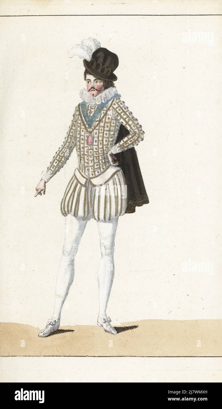 King Charles IX of France. In black velvet hat with white plumes, black hair unpowdered, beard a l'escopette. Lace ruff collar, blue sash, gold chain, black velvet cape, satin doublet and breeches decorated with gold braid, silk hose, satin shoes. Handcoloured copperplate engraving from Jean-Antoine le Brun or Lebrun-Tossa’s Journal de la Mode et du Gout, previously Cabinet des Modes, Chez Buisson, Paris, and Joseph le Boffe, London, 5me Cahier, 5 April 1790. Stock Photo