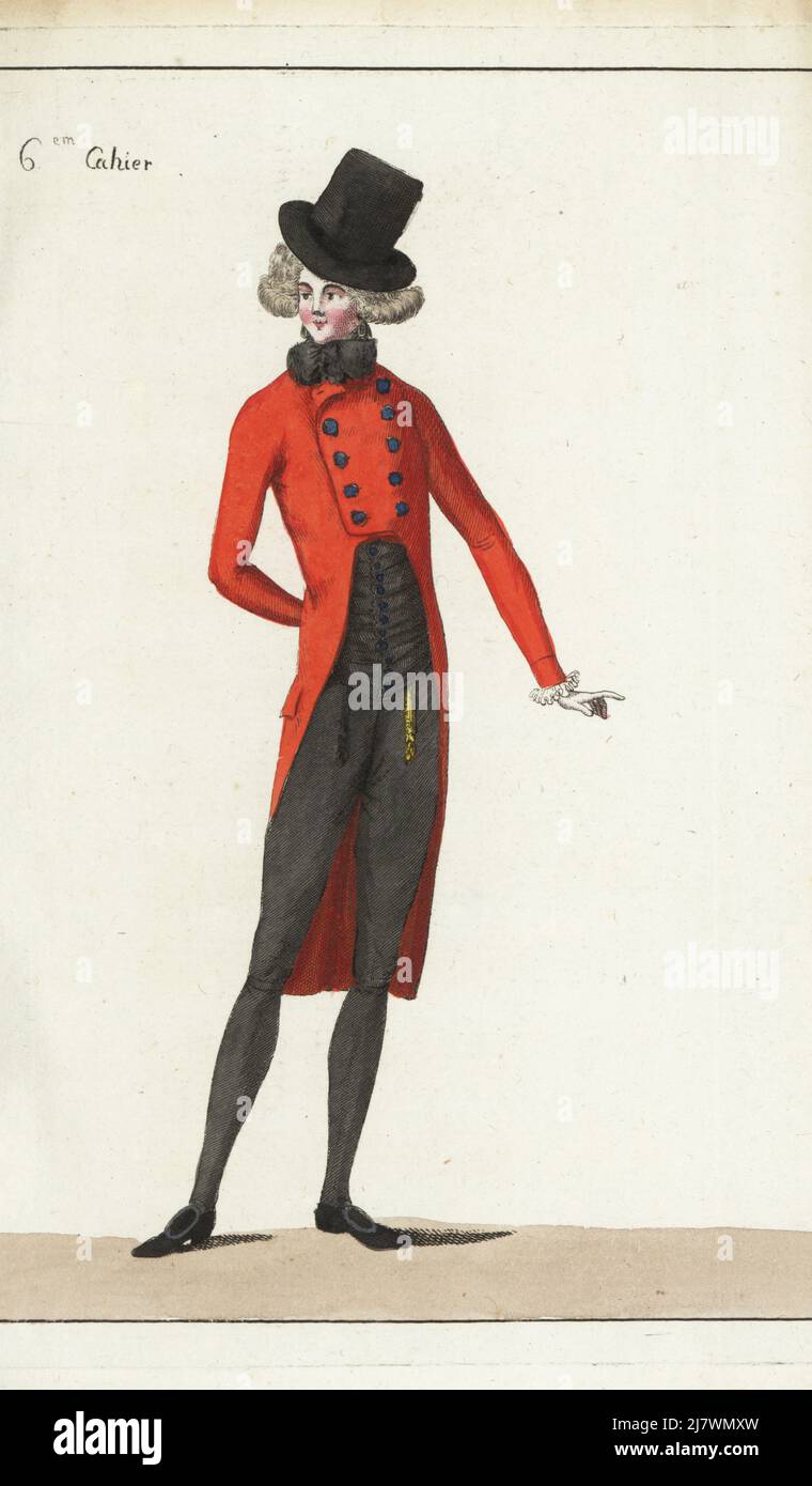 Man in demi-deuil or mourning costume. In black top hat, hair in ringlets, black cravatte, double-breasted scarlet coat, silk waistcoat, cashmere culottes, silk hose, buckle shoes. Handcoloured copperplate engraving from Jean-Antoine le Brun or Lebrun-Tossa’s Journal de la Mode et du Gout, previously Cabinet des Modes, Chez Buisson, Paris, and Joseph le Boffe, London, 6me Cahier, 15 April 1790. Stock Photo
