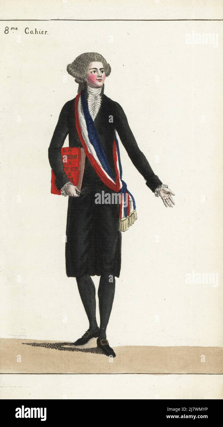 French Revolutionary mayor in ceremonial costume, 1790. Hairstyle a la conseillere, black coat and pantalons, tricolor sash or baudrier, holding a book with the title La nation, la loi et le roi, buckle shoes. Handcoloured copperplate engraving from Jean-Antoine le Brun or Lebrun-Tossa’s Journal de la Mode et du Gout, previously Cabinet des Modes, Chez Buisson, Paris, and Joseph le Boffe, London, 8me Cahier, 5 May 1790. Stock Photo