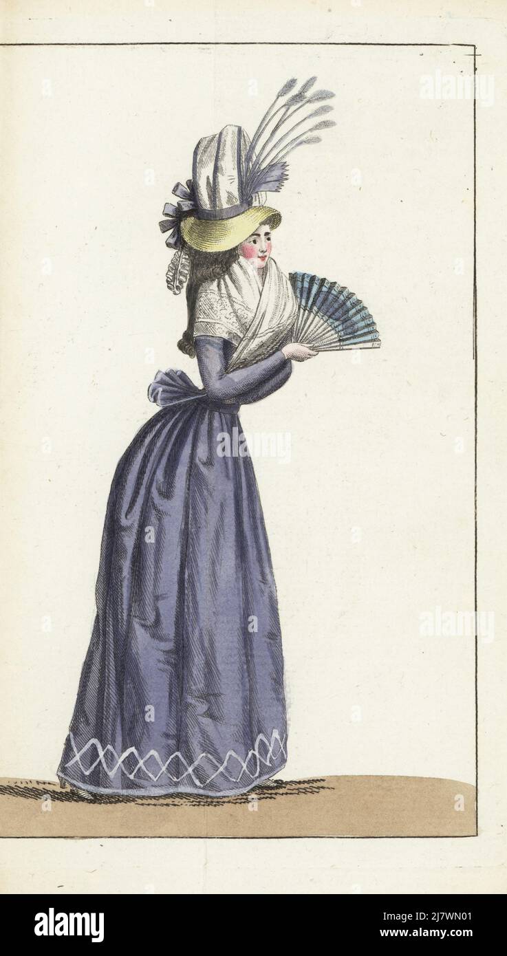 Woman in white and yellow taffeta bonnet, with violet ribbon, hair in ringlets, white gauze fichu, violet taffeta pierrot jacket and petticoat, holding a cameo fan manufactured by Arthus, Blvd. de la chaussee d'Antin. Handcoloured copperplate engraving from Jean-Antoine le Brun or Lebrun-Tossa’s Journal de la Mode et du Gout, previously Cabinet des Modes, Chez Buisson, Paris, and Joseph le Boffe, London, 8me Cahier, 5 May 1790. Stock Photo