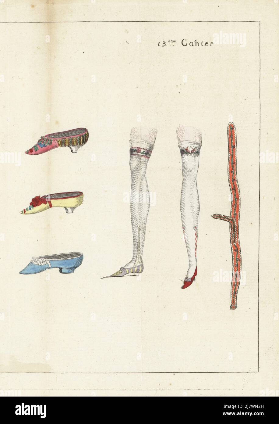 Masquerade ball shoe, yellow slipper, cavalier slipper, female legs in embroidered silk hose and slippers, and English garter. Handcoloured copperplate engraving from Jean-Antoine le Brun or Lebrun-Tossa’s Journal de la Mode et du Gout, previously Cabinet des Modes, Chez Buisson, Paris, and Joseph le Boffe, London, 13me Cahier, 25 June 1790. Stock Photo