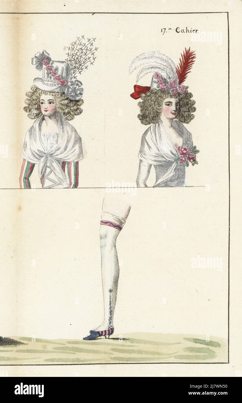 Busts of fashionable women in bonnets and fichu, woman's leg in garter, embroidered stocking and slipper. Handcoloured copperplate engraving from Jean-Antoine le Brun or Lebrun-Tossa’s Journal de la Mode et du Gout, previously Cabinet des Modes, Chez Buisson, Paris, and Joseph le Boffe, London, 17me Cahier, 5 August 1790. Stock Photo