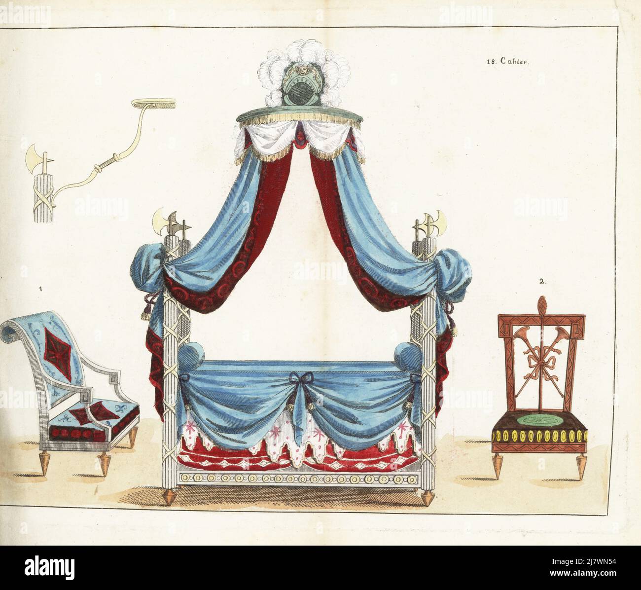 Bed a la Federation with four fasces, copper feet, sky-blue and red taffeta curtains. Low antique armchair with copper feet 1, and wooden Etruscan chair with copper feet 2. Handcoloured copperplate engraving from Jean-Antoine le Brun or Lebrun-Tossa’s Journal de la Mode et du Gout, previously Cabinet des Modes, Chez Buisson, Paris, and Joseph le Boffe, London, 18me Cahier, 15 August 1790. Stock Photo