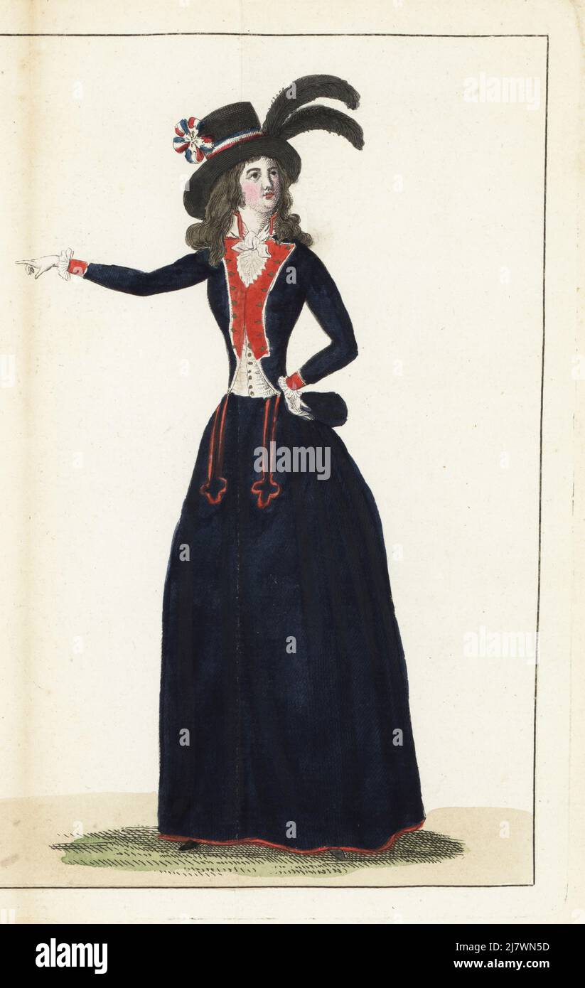 Patriotic French woman in black velvet hat, royal blue caraco with red bavaroises, royal blue skirts, white bazin gilet, black slippers. Handcoloured copperplate engraving from Jean-Antoine le Brun or Lebrun-Tossa’s Journal de la Mode et du Gout, previously Cabinet des Modes, Chez Buisson, Paris, and Joseph le Boffe, London, 19me Cahier, 25 August 1790. Stock Photo