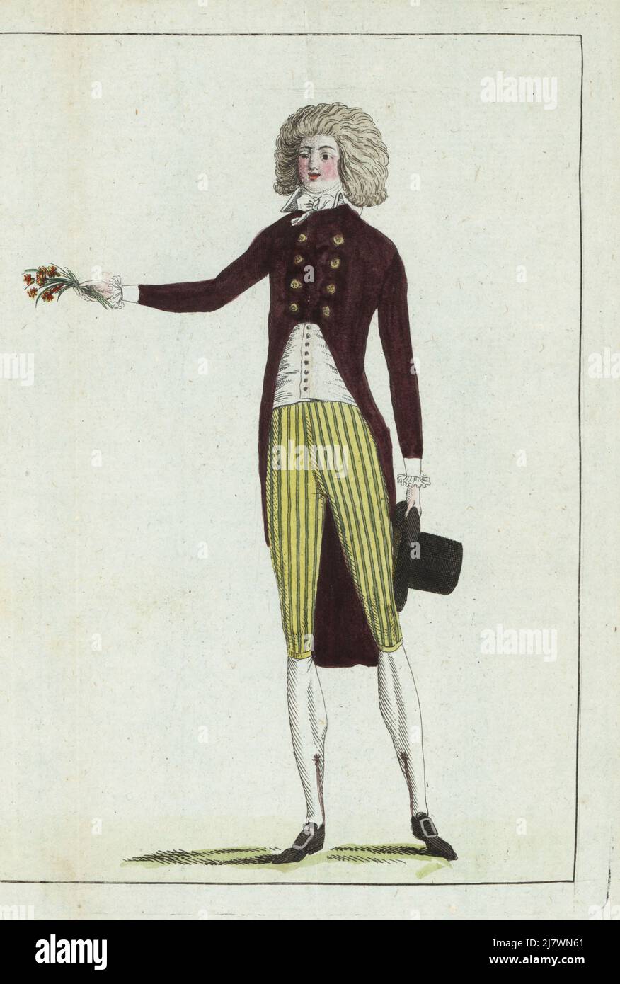 Dandy with top hat, hair a l'ingenue, wine-red double-breasted riding coat, white bazin waistcoat, striped cotton culottes, silk hose, silver buckle shoes. Handcoloured copperplate engraving from Jean-Antoine le Brun or Lebrun-Tossa’s Journal de la Mode et du Gout, previously Cabinet des Modes, Chez Buisson, Paris, and Joseph le Boffe, London, 21me Cahier, 15 September 1790. Stock Photo